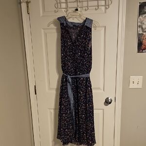 Navy Floral Midi Dress with Polka Dot Accents